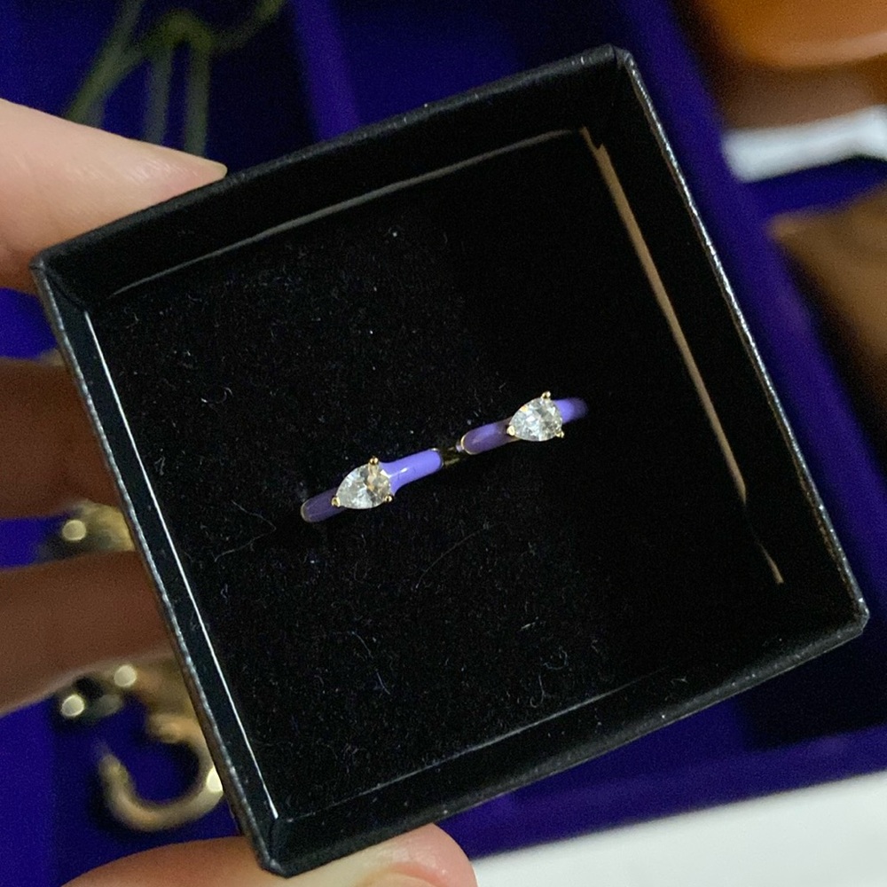 Huggie Hoop Earrings - Gold with purple enamel and CZ stone